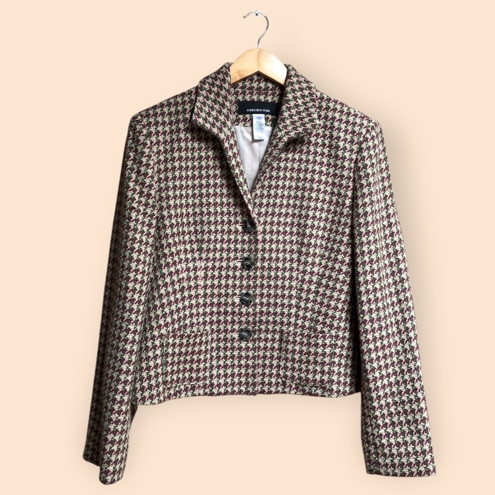 Vintage Y2K Jones New York Houndstooth Knit Tweed Blazer Jacket Wool Women’s 6
